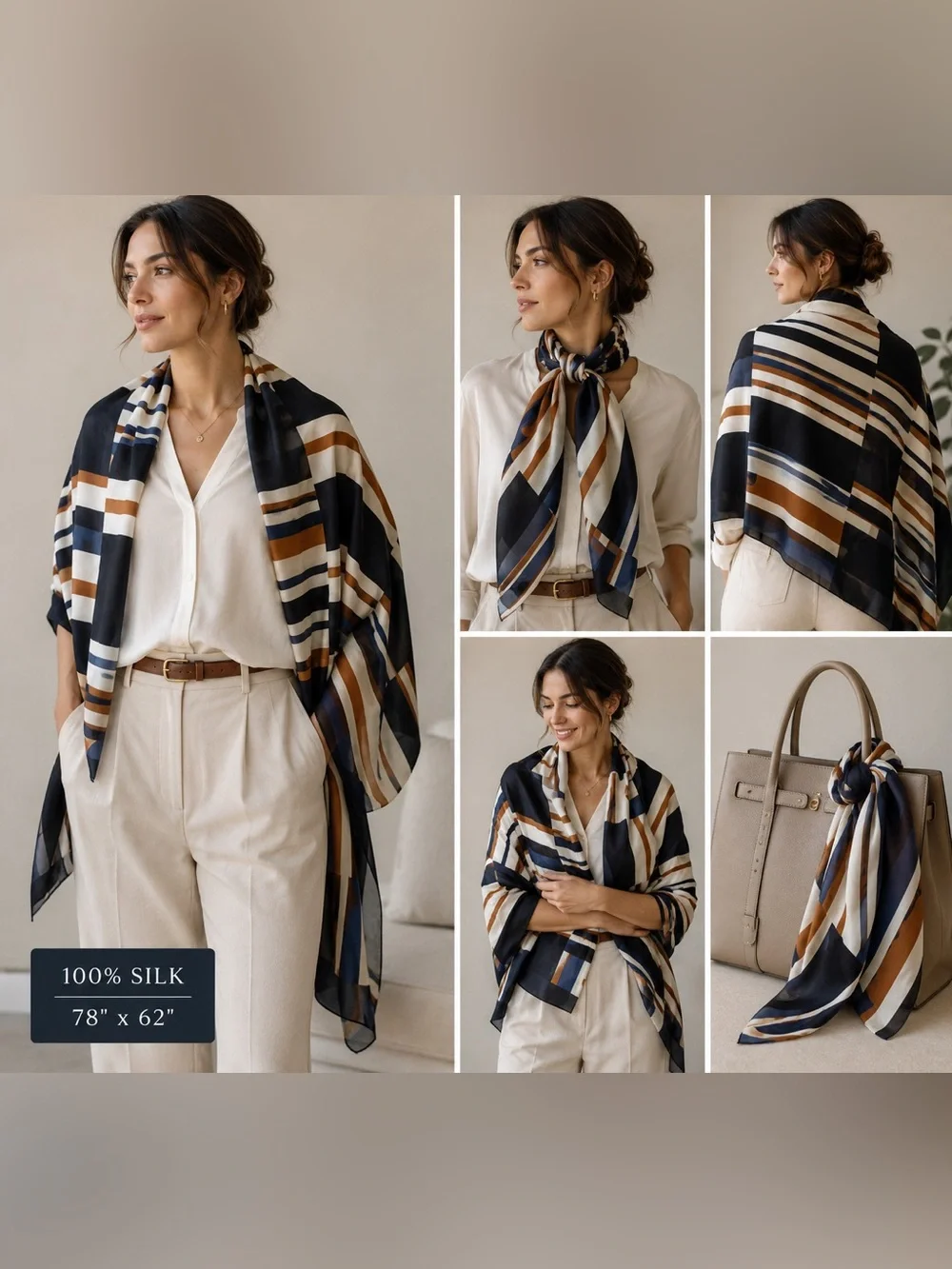 Hobbs London Key To Freedom 100% Silk Oversized Scarf Shawl Wrap Navy Rust